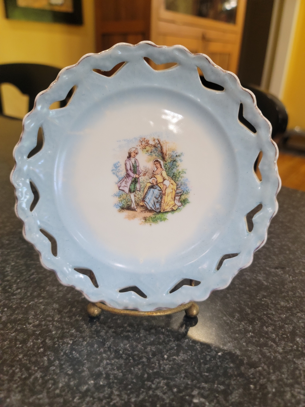 Vinage Decorative Porcelain Lace-Edge Plate in Pale Blue with Pastoral Scene